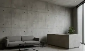 Nowoczesne wnętrze z betonem dekoracyjnym na ścianie. Sofa, stolik i recepcja tworzą minimalistyczną przestrzeń.