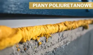 Pianka do izolacji termicznej, żółta, poliuretanowa, uszczelnia szczelinę między betonem a elementem elewacji.