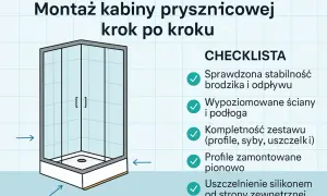 Ilustracja pokazuje, jak zrobić kabinę prysznicową krok po kroku. Checklistę montażu kabiny prysznicowej.