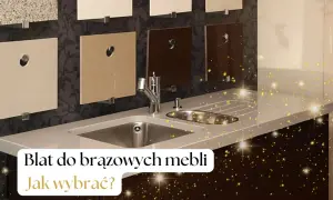 Próbki blatów kuchennych w różnych odcieniach, od jasnych po brązowe, prezentowane nad zlewem. Jak dobrać kolor blatu do mebli kuchennych?
