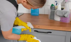 Kobieta w żółtych rękawiczkach czyści szarą szafkę kuchenną, pokazując jak odtłuścić meble kuchenne.