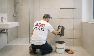 Fachowiec nakłada fugę na fugę w łazience. Czy można nalozyc fuge na fuge? Tak, jeśli stara jest w dobrym stanie.