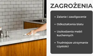 Ręka czyści marmurowy blat, pokazując, jak wykonać blat w kuchni, unikając zalania i uszkodzeń.