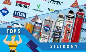 Różne rodzaje silikonów i pianek montażowych na tle logo producentów.