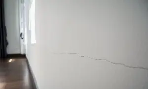 Pęknięcie na białej ścianie, które można naprawić masą akrylową do ścian.