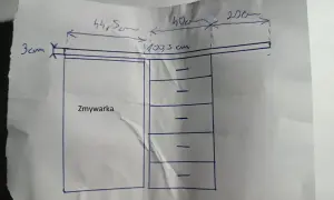 Szkic pokazuje, jak zabezpieczyć blat kuchenny nad zmywarką. Wymiary 44,5 cm, 40 cm, 20 cm, 107,5 cm, 3 cm.