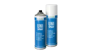 Dwa puszki z produktem "UNI SPRAY" marki ISOCELL. To izolacja w sprayu, która zapewnia szczelność.