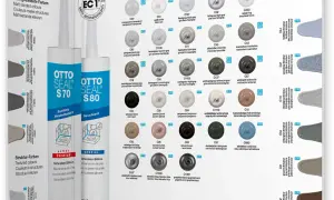 Dwie tubki silikonu OTTO SEAL S70 i S80 na tle próbek kolorów silikonu.
