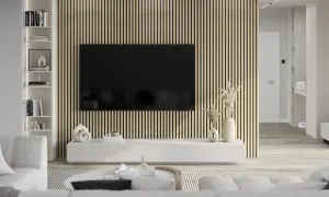 Nowoczesny salon z telewizorem na tle lameli. Dowiedz się, jak zamontować lamele na filcu, by stworzyć taką aranżację.