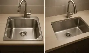 Dwa ujęcia pokazujące, jak przymocować zlew do blatu. Widoczny stalowy zlew z baterią i odpływem.