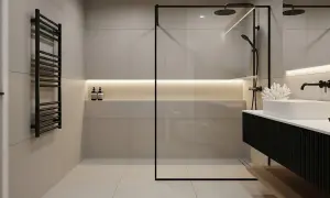 Nowoczesna łazienka z deszczownicą. Elegancka armatura i minimalistyczny design.