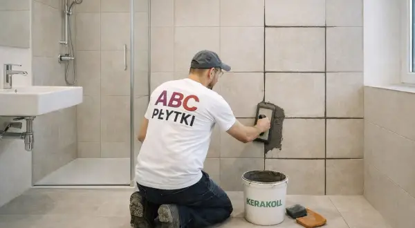 Fachowiec nakłada fugę na fugę w łazience. Czy można nalozyc fuge na fuge? Tak, jeśli stara jest w dobrym stanie.