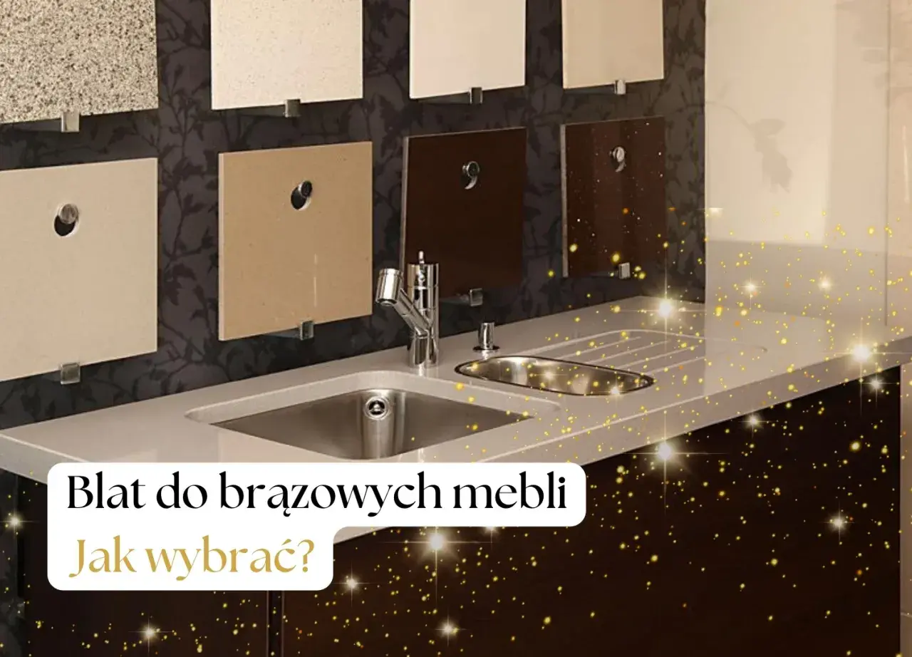 Próbki blatów kuchennych w różnych odcieniach, od jasnych po brązowe, prezentowane nad zlewem. Jak dobrać kolor blatu do mebli kuchennych?