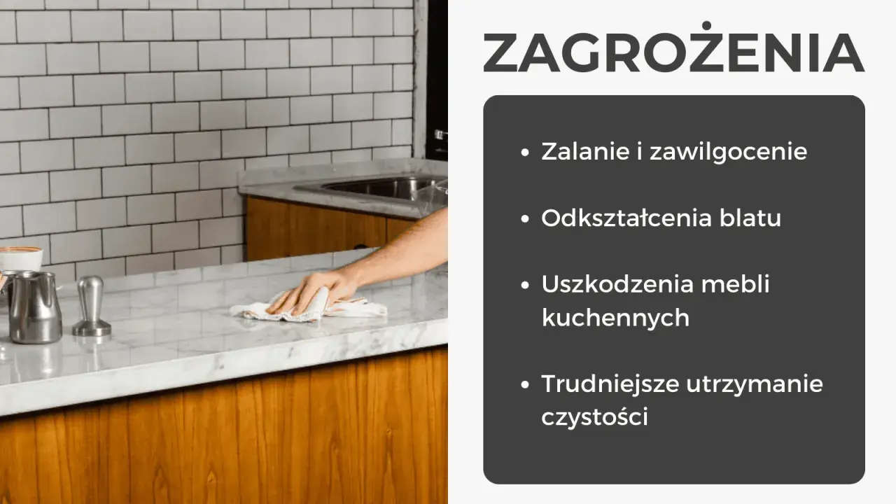 Ręka czyści marmurowy blat, pokazując, jak wykonać blat w kuchni, unikając zalania i uszkodzeń.