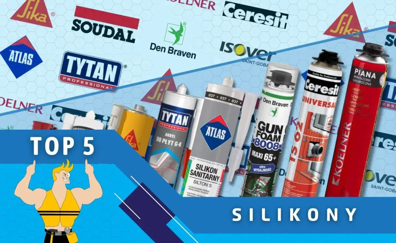 Różne rodzaje silikonów i pianek montażowych na tle logo producentów.