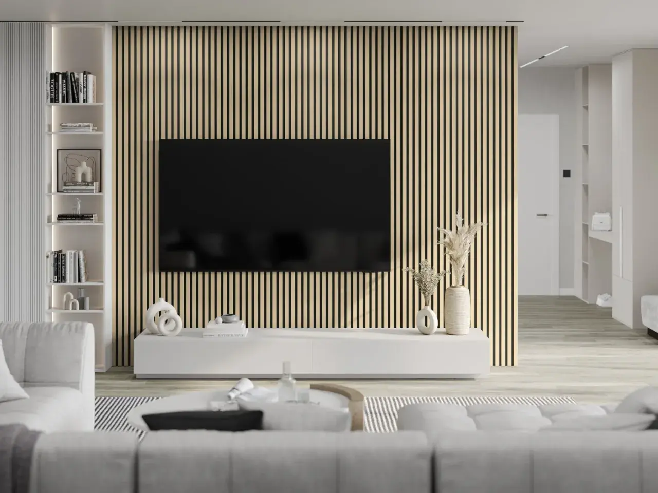 Nowoczesny salon z telewizorem na tle lameli. Dowiedz się, jak zamontować lamele na filcu, by stworzyć taką aranżację.