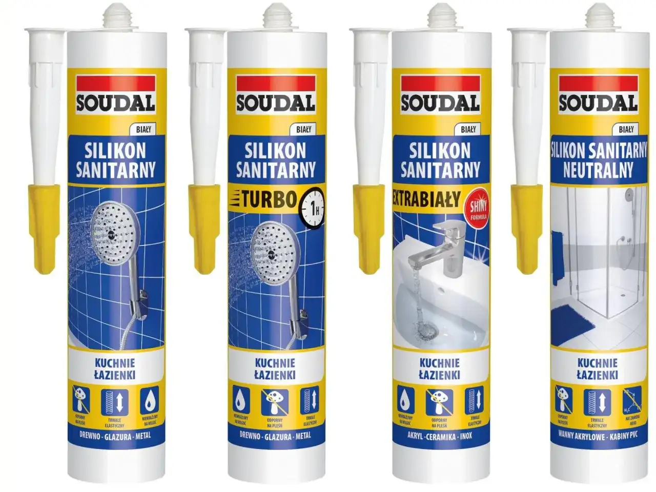 Cztery tubki silikonu Soudal w różnych wariantach: biały, turbo, extrabiały i neutralny. Idealne do kuchni i łazienek.
