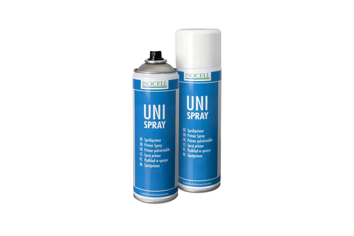 Dwa puszki z produktem "UNI SPRAY" marki ISOCELL. To izolacja w sprayu, która zapewnia szczelność.