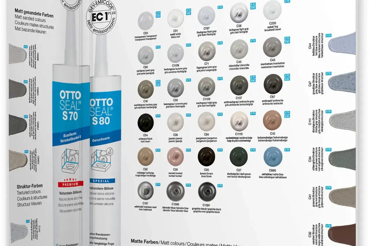 Dwie tubki silikonu OTTO SEAL S70 i S80 na tle próbek kolorów silikonu.