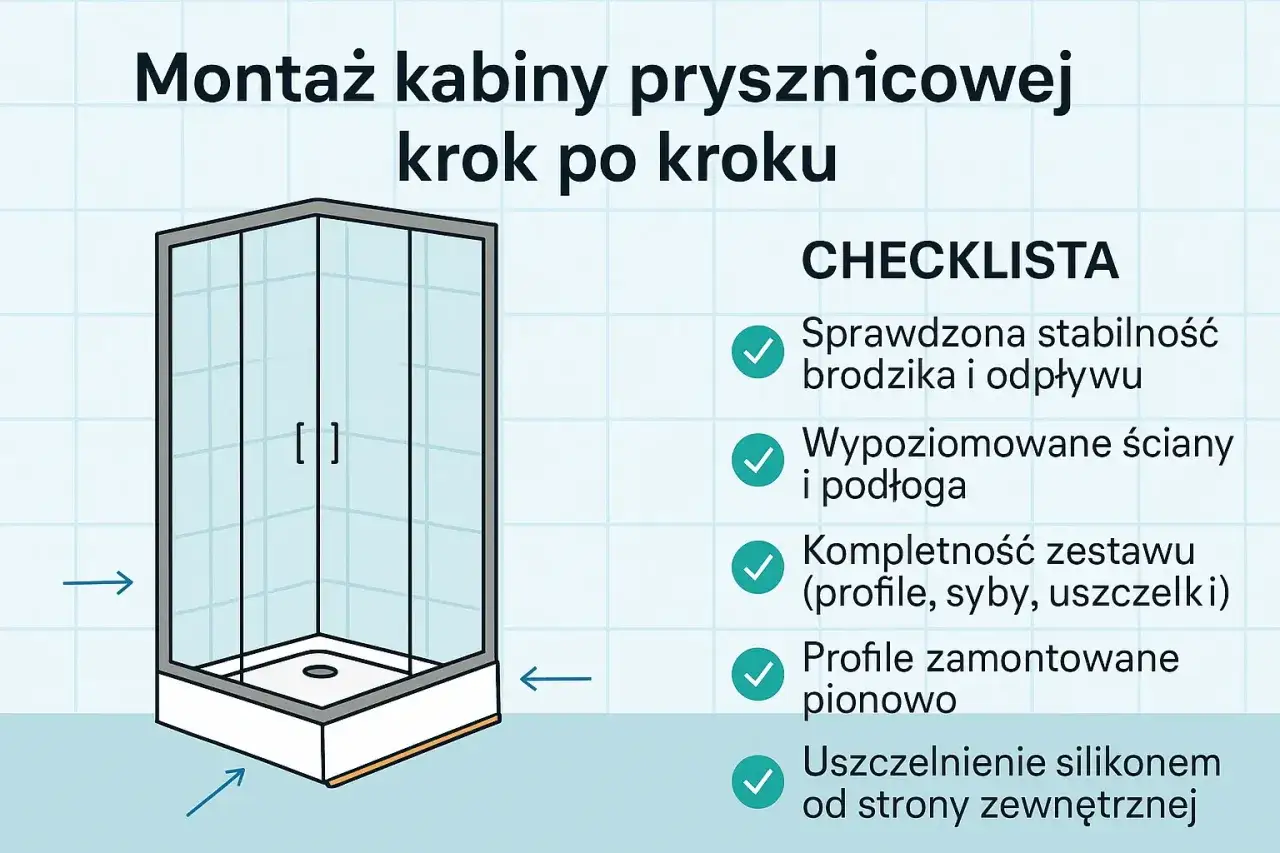 Ilustracja pokazuje, jak zamontować prysznic. Na checklistę składają się: stabilność brodzika, wypoziomowanie ścian, kompletność zestawu, pionowe profile i uszczelnienie.