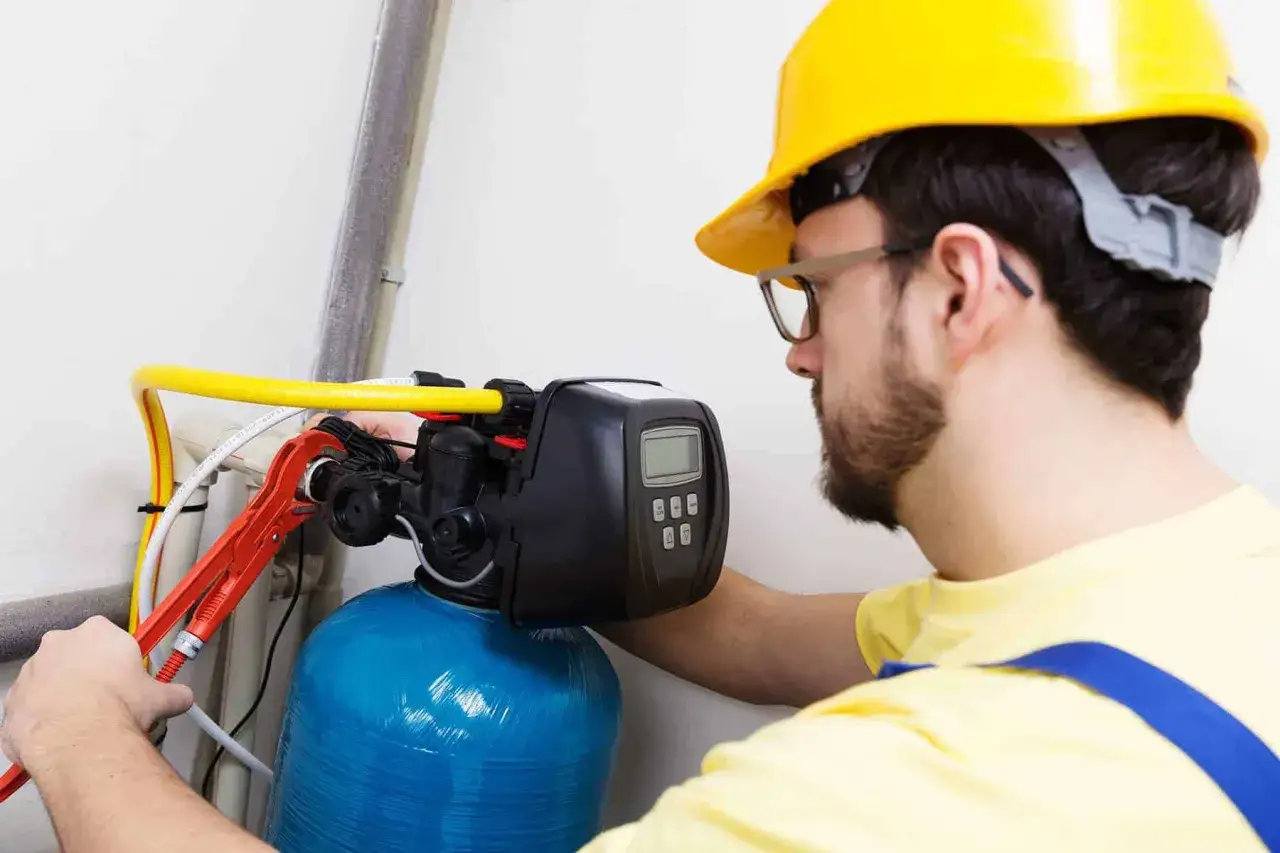 Instalator w żółtym kasku pracuje przy zmiękczaczu wody. Dowiedz się, jak zmiekczyc wode, by cieszyć się jej miękkością.