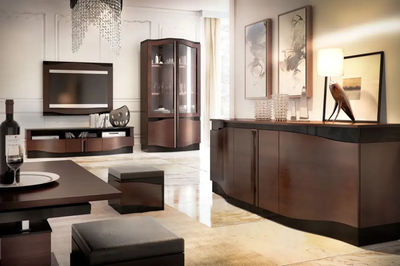 Elegancki salon z meblami w kolorze wenge. Wenge to głęboki, ciemnobrązowy odcień drewna, który nadaje wnętrzu luksusowego charakteru.