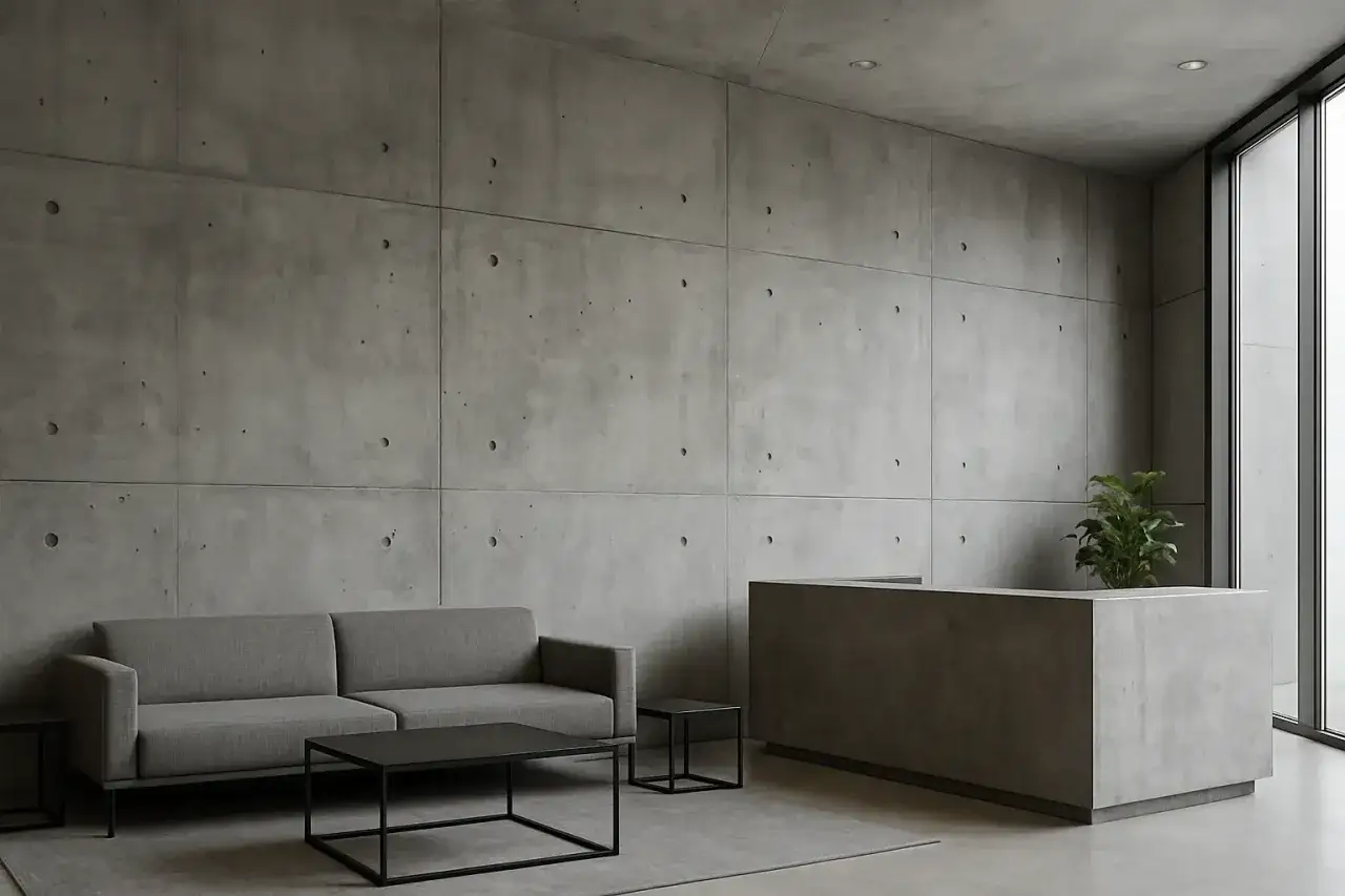 Nowoczesne wnętrze z betonem architektonicznym na ścianie. Sofa, stolik i recepcja tworzą minimalistyczną przestrzeń. Jak usunąć beton architektoniczny ze ściany?