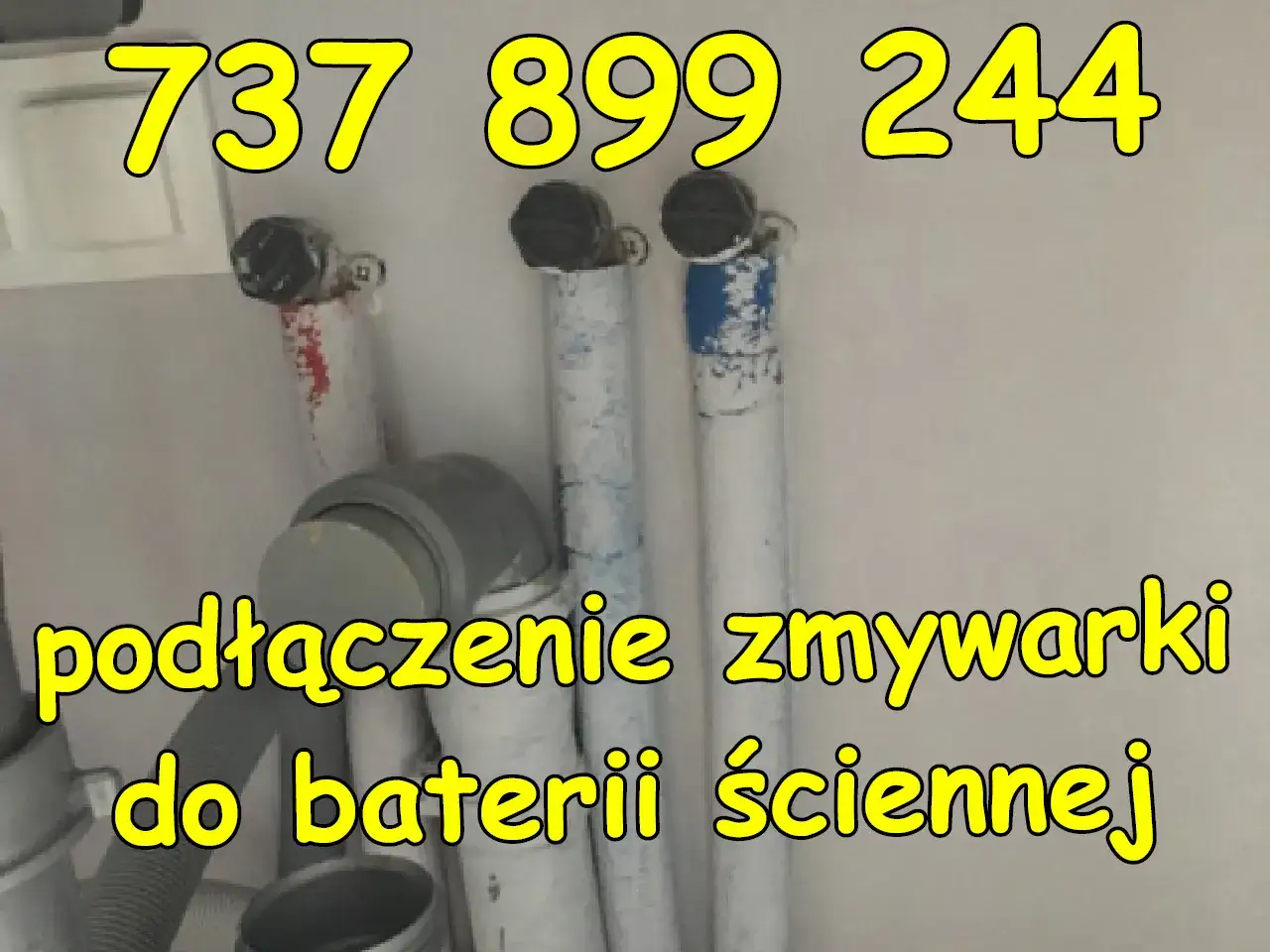 Instrukcja: jak podłączyć zmywarkę do baterii ściennej. Widoczne rury i przyłącza. Telefon: 737 899 244.