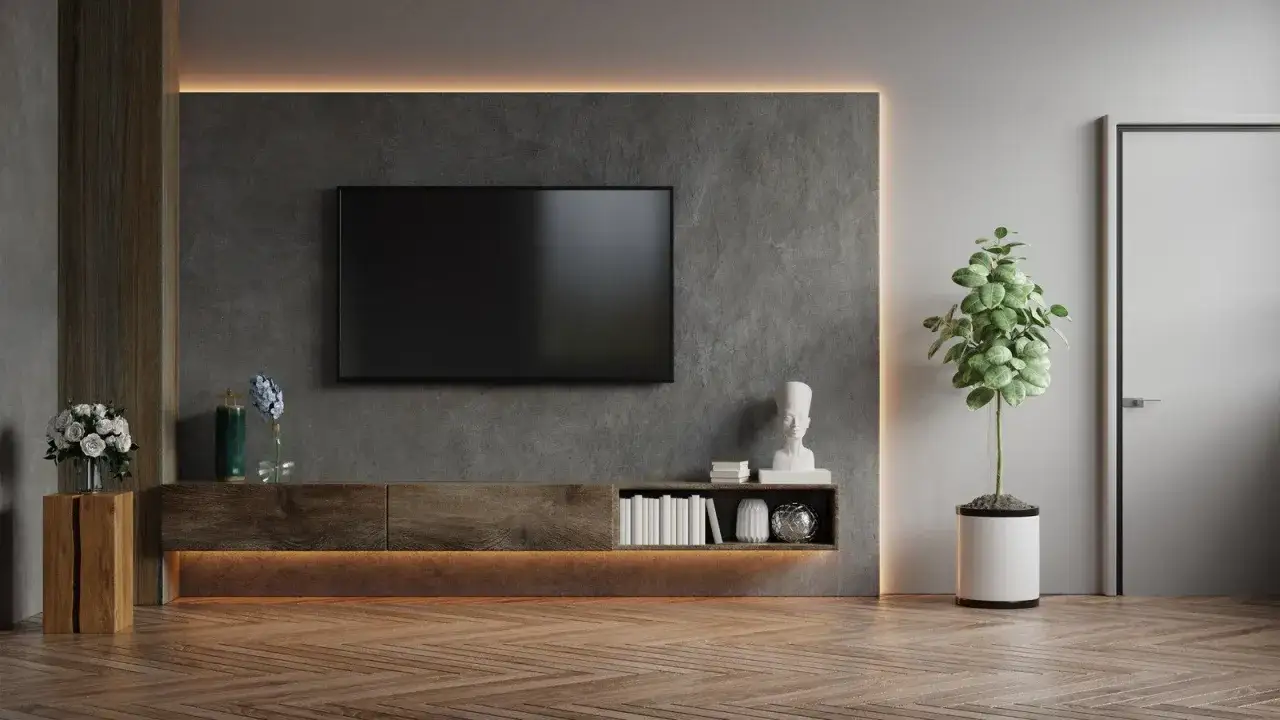 Nowoczesny salon z betonową ścianą, na której wisi telewizor. Pod nim drewniana szafka. Jak położyć beton na ścianie?