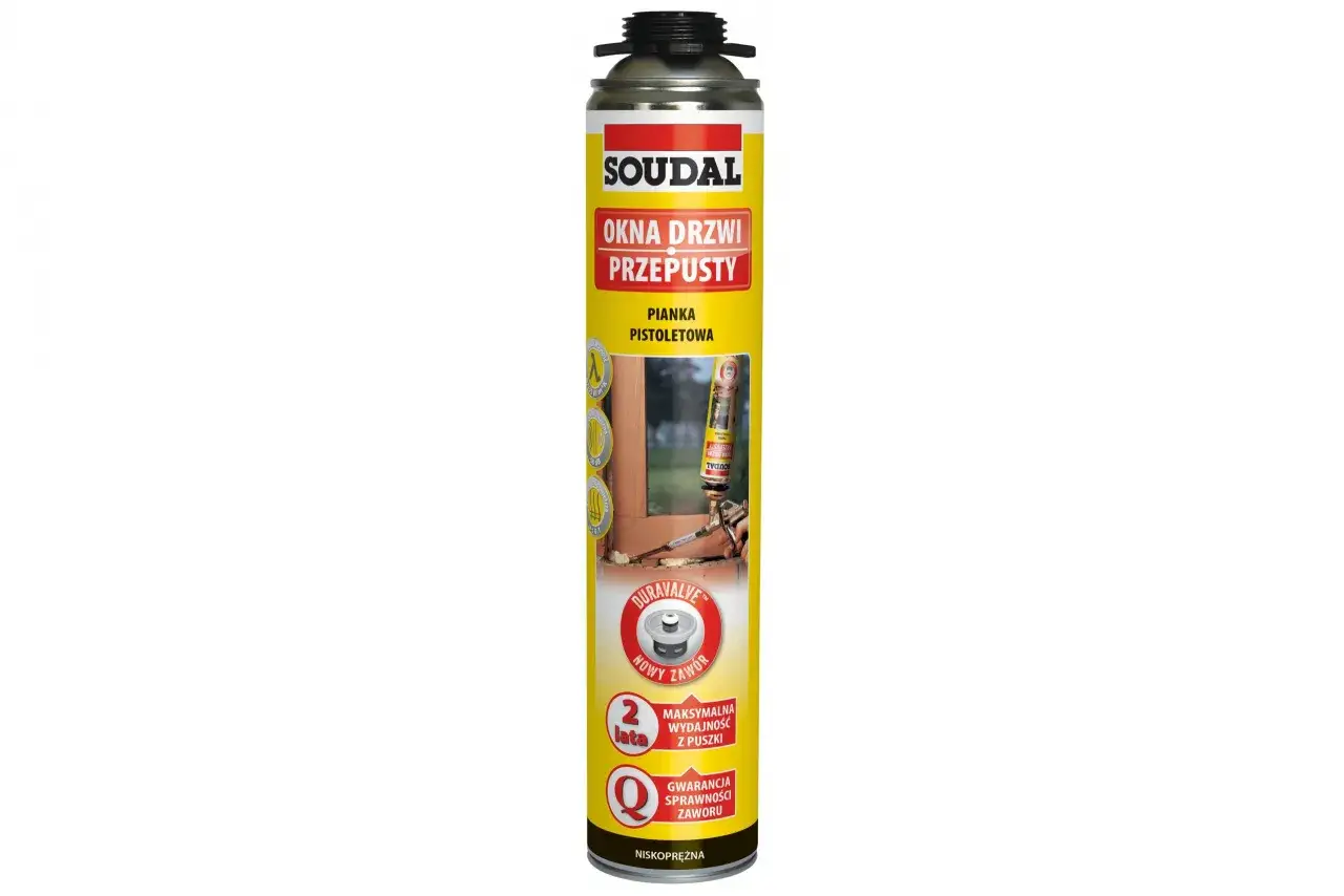 Pianka pistoletowa Soudal do okien i drzwi, z nowym zaworem Duravalve, zapewnia maksymalną wydajność i gwarancję sprawności.