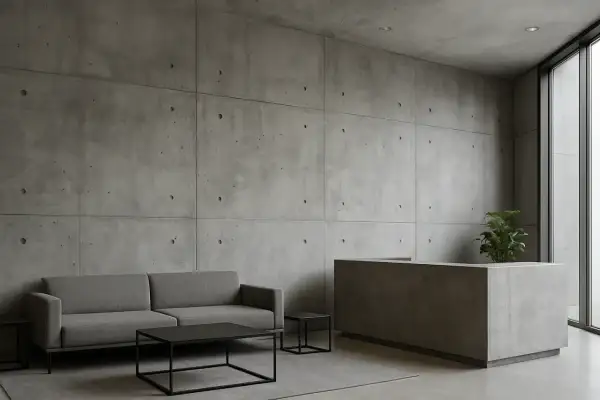 Nowoczesne wnętrze z betonem dekoracyjnym na ścianie. Sofa, stolik i recepcja tworzą minimalistyczną przestrzeń.