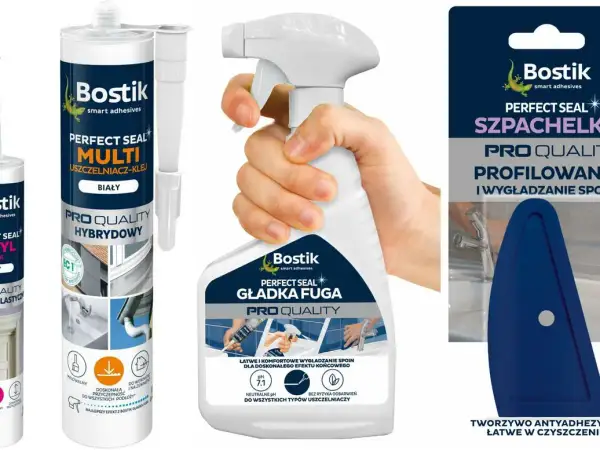 Zestaw produktów Bostik do uszczelniania: biały uszczelniacz hybrydowy, preparat do wygładzania fug i szpachelka. Idealne do tego, jak uszczelniać silikonem.