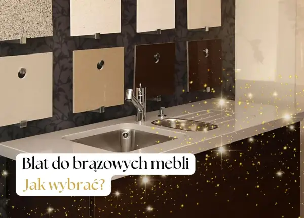 Próbki blatów kuchennych w różnych odcieniach, od jasnych po brązowe, prezentowane nad zlewem. Jak dobrać kolor blatu do mebli kuchennych?