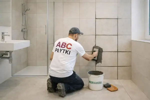 Fachowiec nakłada fugę na fugę w łazience. Czy można nalozyc fuge na fuge? Tak, jeśli stara jest w dobrym stanie.