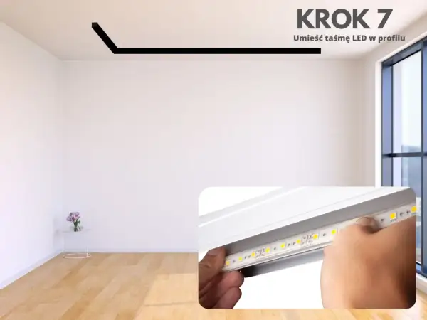 Krok 7: Umieść taśmę LED w profilu. Czy taśmę LED można przykleić do ściany? Tak, w profilu, który montujesz na ścianie lub suficie.