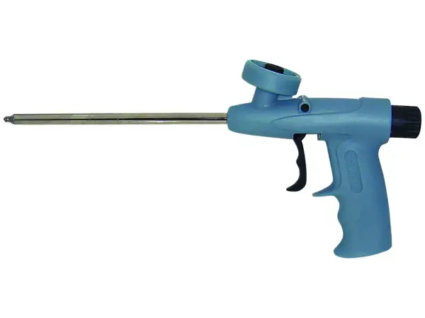 Niebieski pistolet do pianki montażowej Soudal z długą dyszą i ergonomicznym uchwytem.