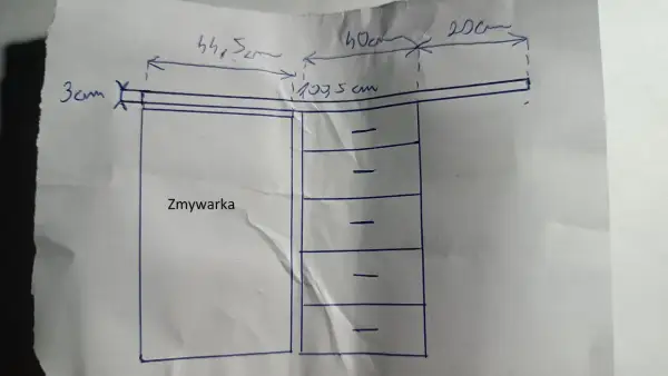 Szkic pokazuje, jak zabezpieczyć blat kuchenny nad zmywarką. Wymiary 44,5 cm, 40 cm, 20 cm, 107,5 cm, 3 cm.