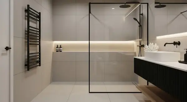 Nowoczesna łazienka z deszczownicą. Elegancka armatura i minimalistyczny design.